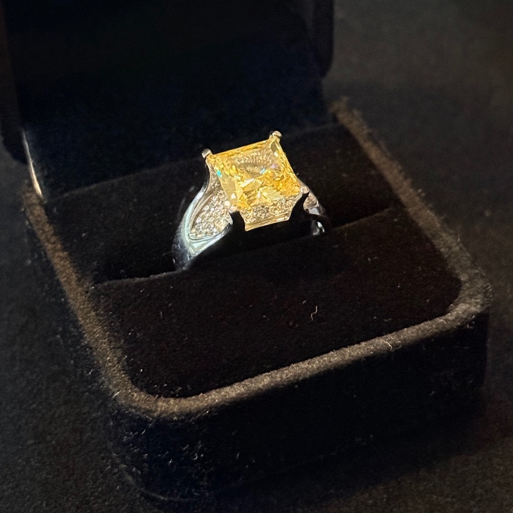 Princess Cut Canary Yellow Sterling Silver Ring w Pave Accented Band 925 Size 8